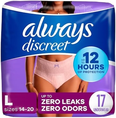 Always Discreet Adult Incontinence &amp; Postpartum Underwear for Women, Maximum, Large, 17 Count (Packaging May Vary)