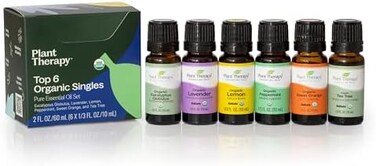 Plant Therapy Top 6 USDA Certified Organic Essential Oils Set. Includes: Eucalyptus, Lavender, Orange, Peppermint, Lemon and Tea Tree. 10mL (1/3 Ounce) each.