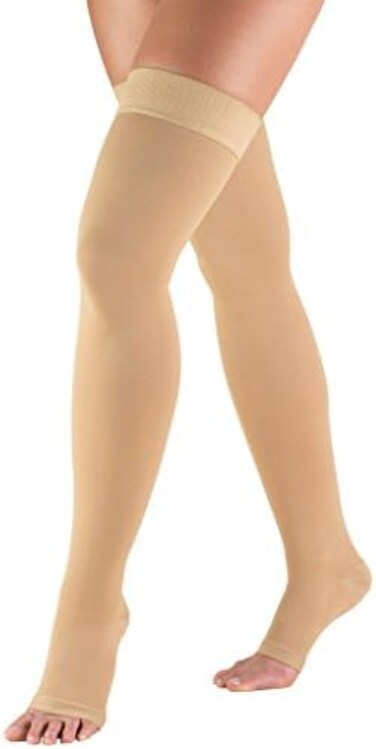 Truform 20-30 mmHg Compression Stockings for Men and Women, Thigh High Length, Dot-Top, Open Toe, Beige, Large