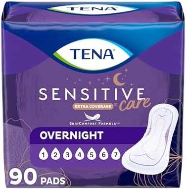 TENA Incontinence Pads, Bladder Control &amp; Postpartum for Women, Overnight Absorbency, Extra Coverage, Sensitive Care - 90 Count