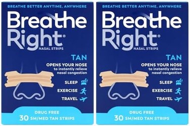 Breathe Right Nasal Strips Tan, Drug-Free Relief for Nasal Congestion, Small/Medium 30 Strips (Pack of 2)