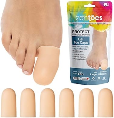 ZenToes 6 Pack Gel Toe Cap and Protector - Cushions to Protect The Toe and Provides Relief from Missing or ingrown toenails, blisters (Large, Beige)