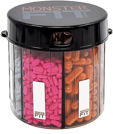 pill thing Monster Supplement, Medication and Dispenser with Compartment Labels - Extra Large Container Handles Almost Any Supplement - Labels Included So You Know Which Supplement You Are Taking