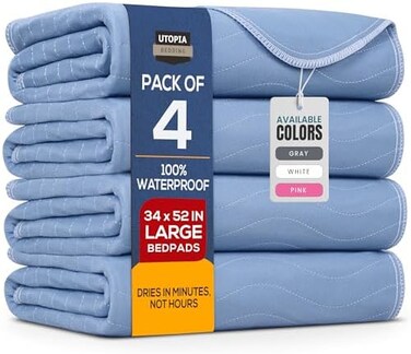 يوتوبيا بيدنغ وسائد مضادة للماء لسلس البول مقاس 34 انش × 52 انش (عبوة من 4 قطع) - وسائد سرير قابلة للغسل واعادة الاستخدام - وسادات واقية مبطنة ماصة للبالغين والاطفال (ازرق)