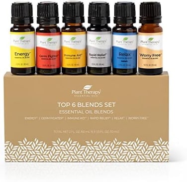 Plant Therapy Top 6 Essential Oil Synergies Set. Includes: Stress Free, Energy, Germ Fighter, Relax, Immune-Aid, and Pain Aid. 10 mL (1/3 Ounce) each.