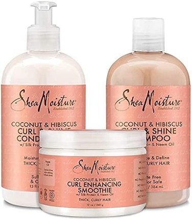 SHEA MOISTURE Shampoo and Conditioner Set, Coconut and Hibiscus Curl &amp; Shine 13-oz ea Bundled with Curl Enhancing Smoothie 12-oz. Curly Hair Products with Coconut Oil, Vitamin E &amp; Neem Oil