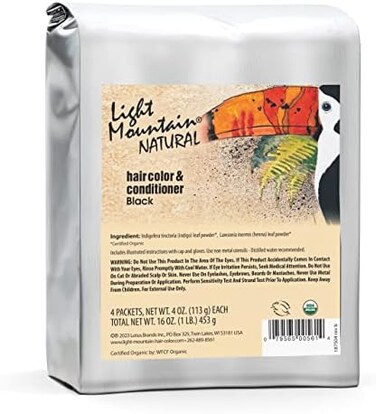 لايت ماونتين صبغة شعر وبلسم حنة - صبغة شعر سوداء للرجال/النساء، مسحوق اوراق الحناء العضوية والنباتات، خالية من المواد الكيميائية، لون شعر شبه دائم، 16 اونصة