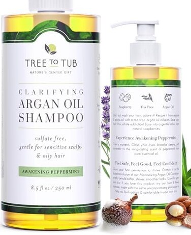 Tree To Tub Clarifying Shampoo for Sensitive Skin   pH 5.5 Balanced &amp; Hypoallergenic for All Hair Types, with Organic Argan Oil, Wild Soapberries, Natural Peppermint Oil 250 mL