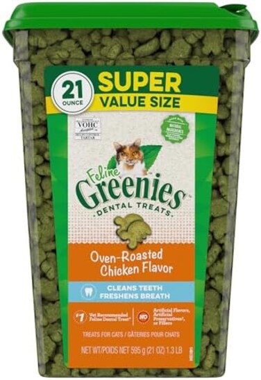 Greenies FELINE Natural Dental Care Cat Treats Oven Roasted Chicken Flavor, 21 oz. Tub