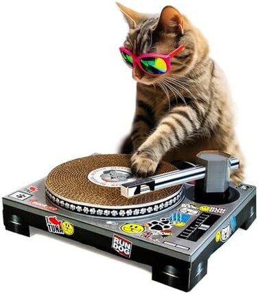 SUCK UK Kratz-Plattenspieler aus Pappe f&uuml;r Katzen   Katzenspielzeug   DJ Mixer   Kratzbaum   Kratzbrett   Kratzmatte   Kratzspielzeug   Katze  Kratzpappe   Katzenm&ouml;bel   Kratzpad   Wellpappe