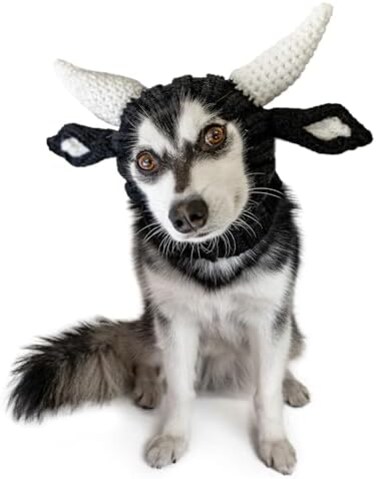 Zoo Snoods Bull Dog Costume (Medium) - Warm No Flap Ear Wrap Hood for Pets, Dog Outfit with Horns for Winters, Halloween, Christmas &amp; New Year, Soft Yarn Ear Covers