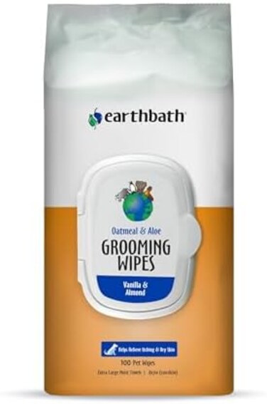 earthbath Oatmeal &amp; Aloe Grooming Wipes - Dog Wipes for Coat &amp; Paws, Cleans &amp; Conditions, Deodorizes, Helps Relieve Itching &amp; Dry Skin &ndash; Vanilla &amp; Almond, 100 Count