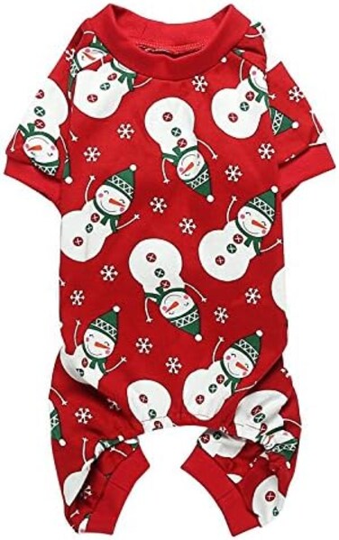 Lanyarco Cute Snowman Christmas Dog Pajamas, Soft Cotton Xmas Christmas Pajamas for Dogs Holiday Pet Clothes Onesie PJS, Red Medium Back Length 16
