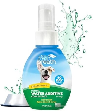 TropiClean Fresh Breath Dental Water Additive Concentrate   Dog Teeth Cleaning   Dog Breath Freshener   Dog Dental Care  Made in the USA   2.2 oz.