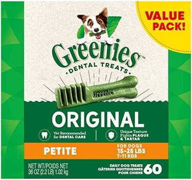GREENIES Original Petite Natural Dog Dental Care Chews Oral Health Dog Treats, 36 oz. Pack (60 Treats)