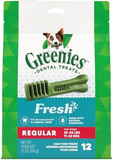 GREENIES Regular Natural Dog Dental Care Chews Oral Health Dog Treats Fresh Flavor, 12 oz. Pack (12 Treats)