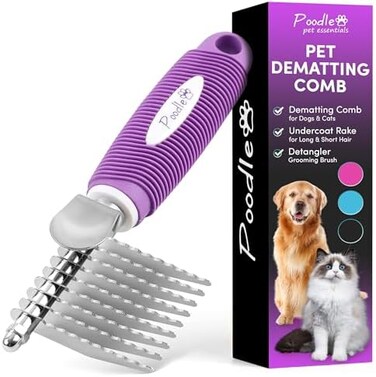 POODLIE Pet Dematting Fur Rake Comb Brush Tool Dog Rake Brush - Dog Brush for Goldendoodle &amp; Cat Comb with Long 2.5&rdquo; Steel Safety Blades Metal Dog Comb for Detangling Matted or Knotted Undercoat Hair