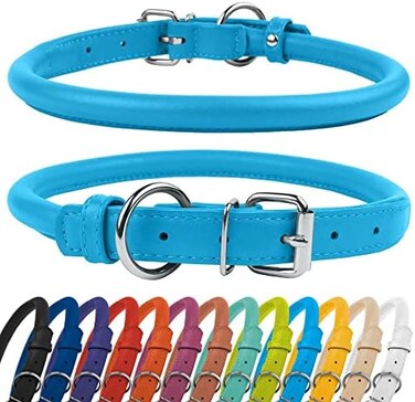 CollarDirect Rolled Leather Dog Collar, Soft Padded Round Puppy Collar, Handmade Genuine Leather Collar Dog Small Large Cat Collars 13 Colors (7-9 Inch, Light Blue Textured)