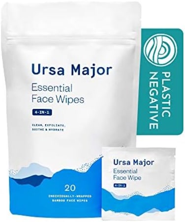 Ursa Major Essential Face Wipes   Natural, Biodegradable, Cruelty-Free   Cleanse, Exfoliate, Soothe and Hydrate   Individually Wrapped   20 Count