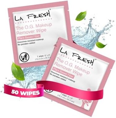 La Fresh Travel Lite Makeup Remover Cleansing Travel Wipes - Natural &amp; Biodegradable Wipes, for Waterproof Makeup, Vitamin E - Individually Sealed Packets (50 Count)