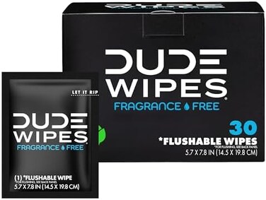 DUDE Wipes Flushable Wet Wipes 30 Wipes, Individually Wrapped for Travel, Unscented Wet Wipes with Vitamin-E &amp; Aloe, Septic and Sewer Safe