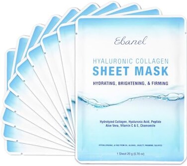 Ebanel 10 Pack Collagen Face Mask, Instant Brightening &amp; Hydrating Face Sheet Mask with Aloe Vera, Hyaluronic Acid, Vitamin C and E, Chamomile, Anti Aging Face Mask with Hydrolyzed Collagen, Peptide