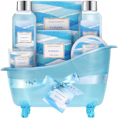 BODY &amp; EARTH Bath Gift Set for Women, Home Spa Kit Scented with Ocean,Bath and Gift Basket Set,Spa Gifts for Women,7 Pcs Bath Set,Best Gift Ideal for Her