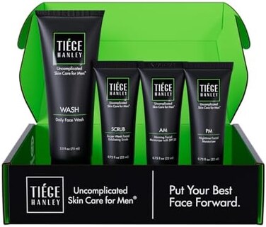 Tiege Hanley Men's Skin Care System - Level 1   Mens Routine Product Set: Face Wash, Morning Moisturizer, Exfoliating Face Scrub, Night Moisturizer   Cleanse, Tighten &amp; Hydrate Your Best Looking Skin