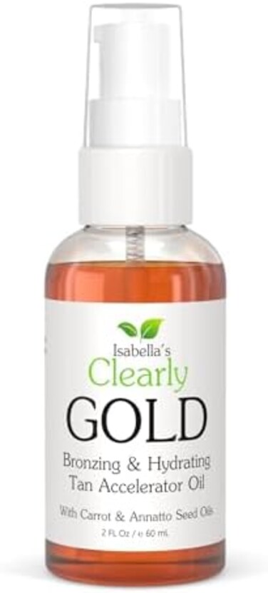 Isabella's Clearly GOLD, Best Bronzing Natural Oil Lotion. Moisturize Skin. Accelerates Sun Tan Healthy Glow. Broad Spectrum Moderate SPF Sunscreen. Olive, Carrot, Coconut and Extract, 2 OZ