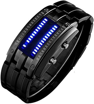 ساعة رقمية مبتكرة للرجال ثنائية ماتريكس زرقاء LED عصرية كلاسيكية مطلية باللون الاسود مقاومة للماء بسوار باضاءة خلفية LED