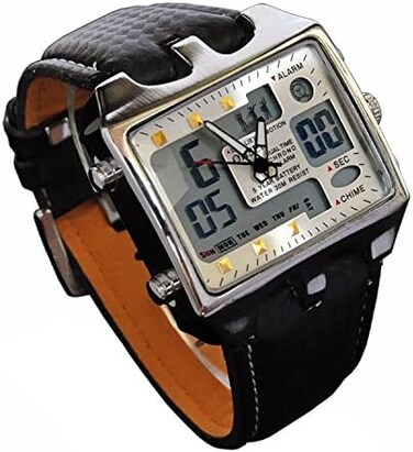ShoppeWatch Mens Referee Sports Watch Big Square Face LED Dual Time Analog Digital Light Up Dial Stopwatch Leather Band Reloj Deportivo para Hombre Cronometros Wacht