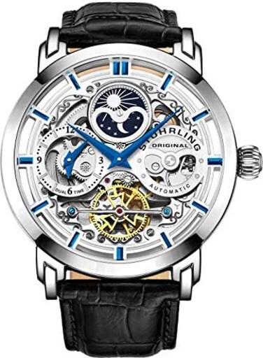 Stuhrling Original St&uuml;hrling Original Mens Watch Stainless Steel Automatic, Skeleton Dial, Dual Time, AM/PM Sun Moon,Genuine Leather Strap 371 Watches for Men Series