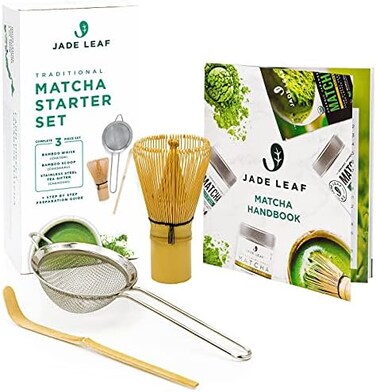 Jade Leaf Matcha Traditional Starter Set - Bamboo Whisk (Chasen), Bamboo Scoop (Chashaku), Stainless Steel Sifter, Preparation Guide