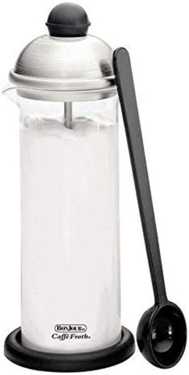 BonJour Coffee Glass and Stainless Steel Manual Milk Frother, 16-Ounce, Caff&eacute; Froth Monet