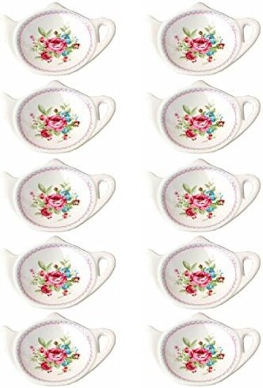 LINLINS Set of White Porcelain Ceramic with Flower Trim Teapot-Shaped Tea Bag Holder Tea Bag Coasters, Spoon Rests; Classic Tea Time Saucer Seasoning Dish Set (TYGZ)