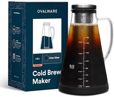 ovalware Airtight Cold Brew Iced Coffee Maker (&amp; Iced Tea Maker) with Spout &ndash; 1.5L/ 51oz RJ3 Brewing Glass Carafe with Removable Stainless Steel Filter