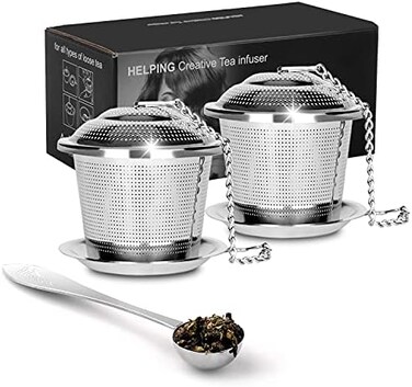 Numola Tea Ball Strainers for Loose Tea, Stainless Steel Mesh Tea Ball, Fine Mesh Tea Strainers with Spoon and Drip Trays, Tea Diffuser and Steeper with Extented Chain Hook for Tea Lovers