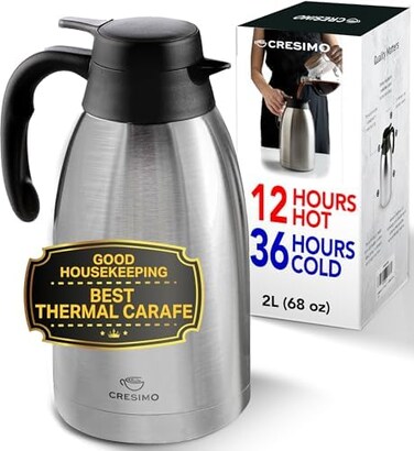 CRESIMO 68 Oz Stainless Steel Thermal Coffee Carafe/Double Walled Vacuum Thermos / 12 Hour Heat Retention / 2 Litre