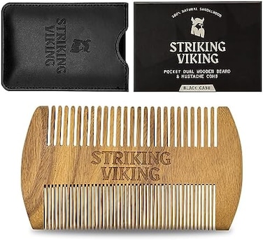 Striking Viking Sandalwood Beard Comb and Case - Pocket Sized Wooden Beard &amp; Mustache Comb with Fine &amp; Coarse Teeth - Perfect for Use with Balms and Oils - (Black)