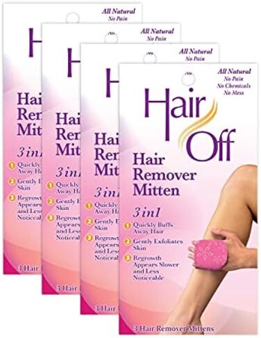 Hair Off Hair Remover Mitten - All-Natural, Painless &amp; Chemical Free - Full Body Hair Removal - Slows &amp; Lessens Regrowth - Exfoliates Skin (3 Mittens Per Box, Pack of 4)