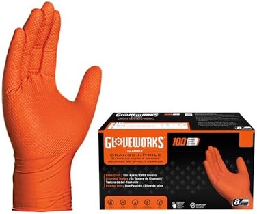 GLOVEWORKS AMMEX Heavy Duty Orange Nitrile 8 Mil Disposale Gloves - Industrial, Extra Thick, Diamond Texture, Powder Free, Ambidextrous, XLarge, Box of 100