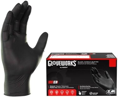 GLOVEWORKS Industrial Black Nitrile Gloves, Box of 100, 5 Mil, Size Medium, Latex Free, Powder Free, Textured, Disposable, Food Safe, GPNB44100BX
