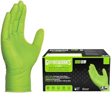 GLOVEWORKS HD Industrial Green Nitrile Gloves with Raised Diamond Texture Grip, Box of 100, 8 Mil, Size Medium, Latex Free, Powder Free, Textured, Disposable, Food Safe, GWGN44100BX