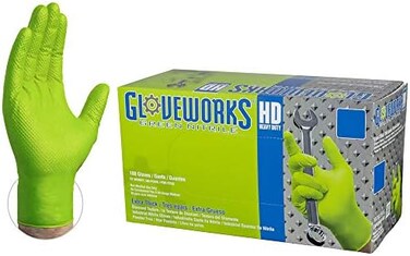 GLOVEWORKS HD Industrial Green Nitrile Gloves with Raised Diamond Texture Grip, Box of 100, 8 Mil, Size Large, Latex Free, Powder Free, Textured, Disposable, Food Safe, GWGN46100BX