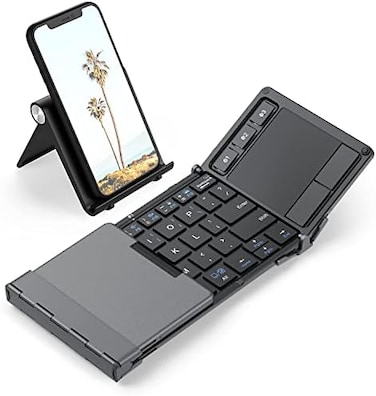 iClever Folding Wireless Keyboard with Sensitive Touch Pad, Pocket-Sized Tri-folding Bluetooth Keyboards with Portable Carry Pouch, Aluminum Alloy Base (Sync Up to 3 Devices), Dark Gray