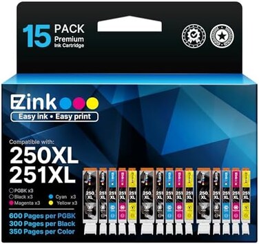 E-Z Ink Compatible Ink Cartridges Replacement for Canon 250 251 XL PGI-250XL CLI-251XL to use with PIXMA MX922 MX920 IX6820 MG5520 MG7520 IP8720 MG6620 MG6320 MG7120 (15 Pack)