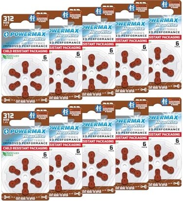 Powermax Size 312 Hearing Aid Batteries, Brown Tab, Made In The Usa, 64-Count
