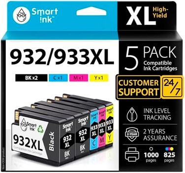 سمارت انك خرطوشة حبر بديلة متوافقة مع طابعات اتش بي 932XL 933XL 932 XL 933 (عبوة من 5 قطع) للاستخدام مع طابعات اتش بي اوفيس جيت 6600 6100 6700 7510 7610 7612 7510 (2 اسود XL، ازرق سيان، ارجواني