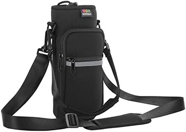 Nuovoware Neoprene Bottle Holder, Bottle Bag with Shoulder Strap and Adjustable Hand Strap, Tote Bag with 2 Pockets, Perfect Accessory for Travel Hiking Camping