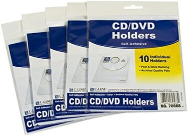 C-Line Self-Adhesive CD Holder, 5.33 X 5.66 Inches, Clear, 5 Packs of 10 Sheets, 50 Total (70568)